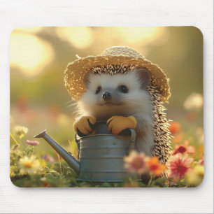Adorable Hedgehog Gardener in a Flower Field Mouse Pad