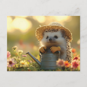 Adorable Hedgehog Gardener in a Flower Field Postcard