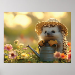 Adorable Hedgehog Gardener in a Flower Field Poster
