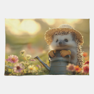 Adorable Hedgehog Gardener in a Flower Field Tea Towel