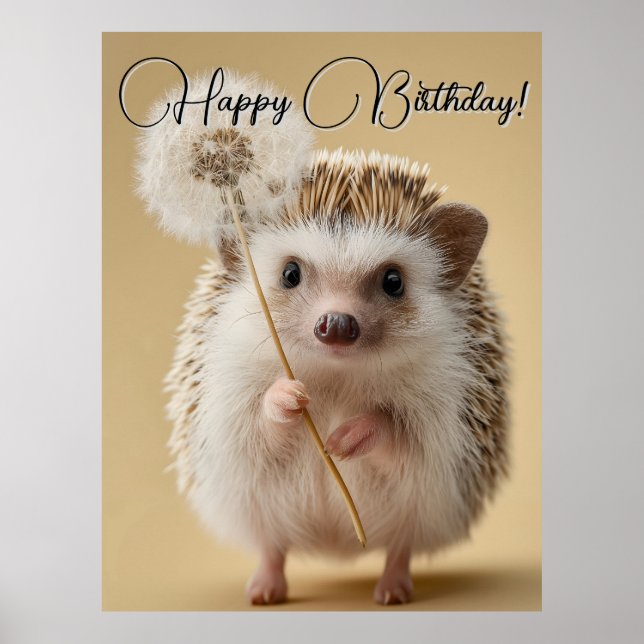 Adorable Hedgehog Holding a Dandelion Poster (Front)