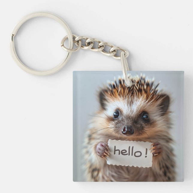 Adorable Hedgehog Holding "Hello!" Sign Key Ring (Front)
