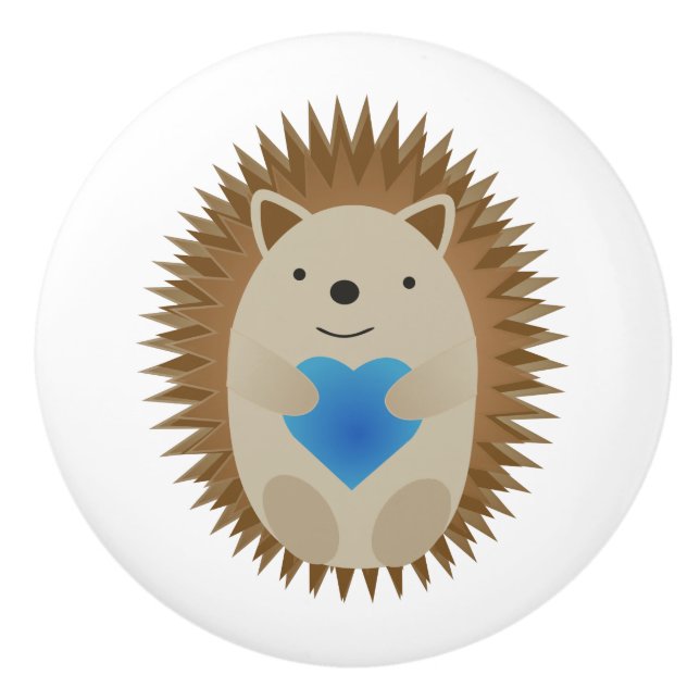 Adorable Hedgehog hugging a Blue Heart Ceramic Knob (Front)