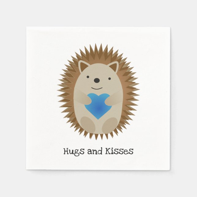 Adorable Hedgehog hugging a Blue Heart Napkin (Front)