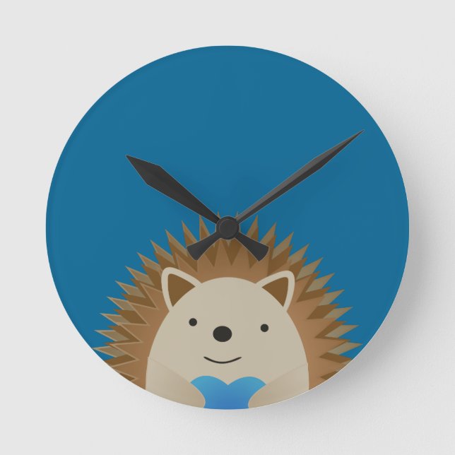 Adorable Hedgehog hugging a Blue Heart Round Clock (Front)
