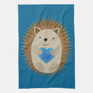 Adorable Hedgehog hugging a Blue Heart Tea Towel