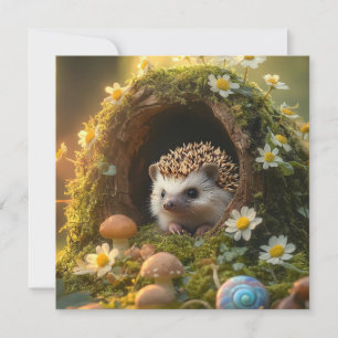 Adorable Hedgehog in Mossy Log Home with Flowers Holiday Card