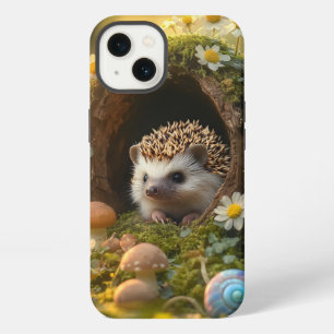 Adorable Hedgehog in Mossy Log Home with Flowers iPhone 13 Case