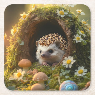 Adorable Hedgehog in Mossy Log Home with Flowers Square Paper Coaster