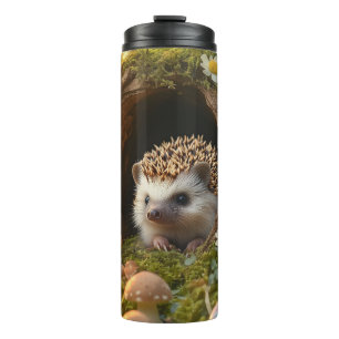 Adorable Hedgehog in Mossy Log Home with Flowers Thermal Tumbler