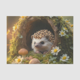 Adorable Hedgehog in Mossy Log Home with Flowers Tissue Paper