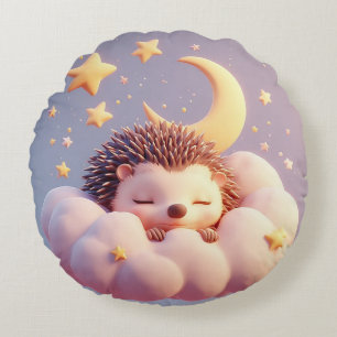 Adorable Hedgehog Sleeping on a Cloud Round Cushion