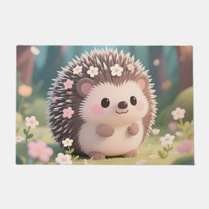Adorable Hedgehog with Flowers Kawaii Forest Doormat
