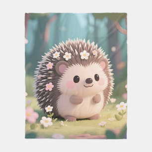 Adorable Hedgehog with Flowers Kawaii Forest Fleece Blanket