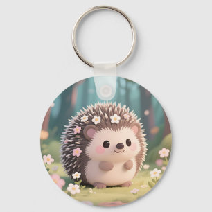 Adorable Hedgehog with Flowers Kawaii Forest Key Ring