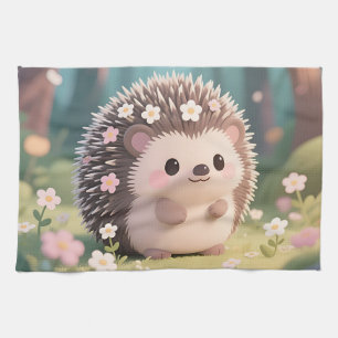 Adorable Hedgehog with Flowers Kawaii Forest Tea Towel