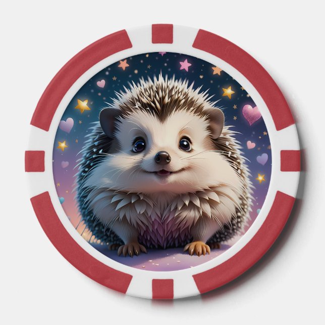 Adorable Hedgehog with stars and  hearts  Poker Chips (Front)