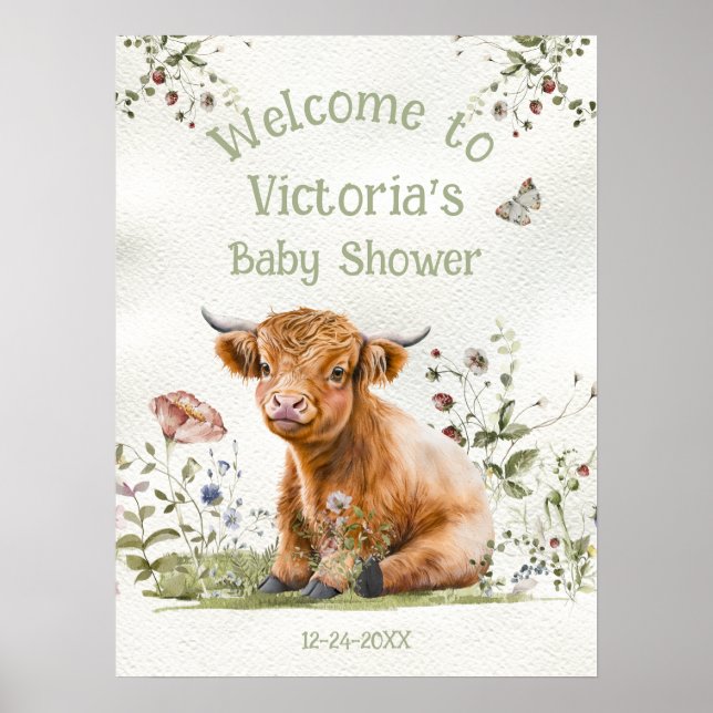 Adorable Highland Cow Baby Shower Welcome Sign (Front)