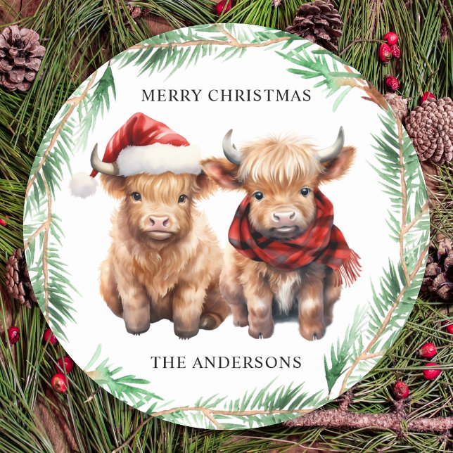 Adorable Highland Cow Calf Farm Merry Christmas  Classic Round Sticker (Creator Uploaded)