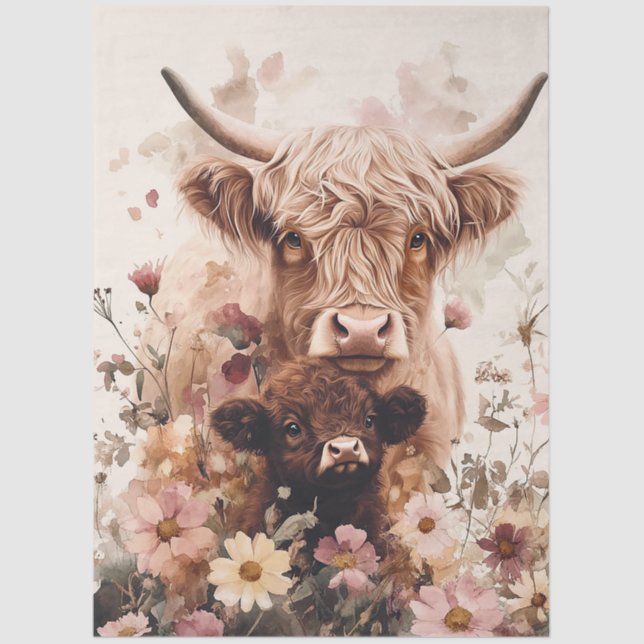 Adorable Highland Cow Calf with Mom Decoupage Tissue Paper (Front)