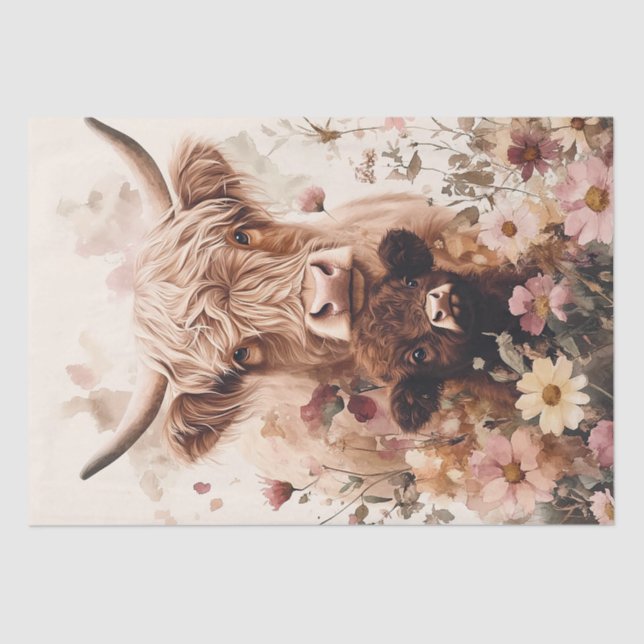 Adorable Highland Cow Calf with Mum Decoupage Tissue Paper (Front)