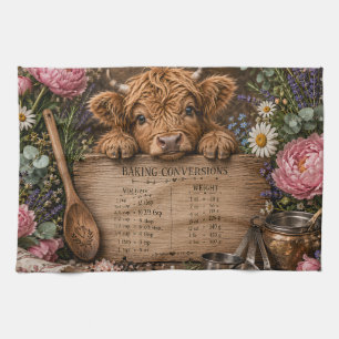 Adorable Highland Cow Conversion Chart Tea Towel