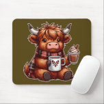 Adorable Highland Cow Enjoying Cosy Beverages  Mouse Pad<br><div class="desc">Warm and inviting illustration of a highland cow,  wearing a plaid scarf,  sipping drinks,  complemented with a festive winter theme evoking joy,  comfort,  and seasonal cheer.</div>