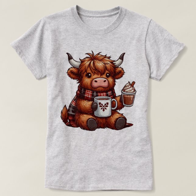 Adorable Highland Cow Enjoying Cosy Beverages T-Shirt (Design Front)