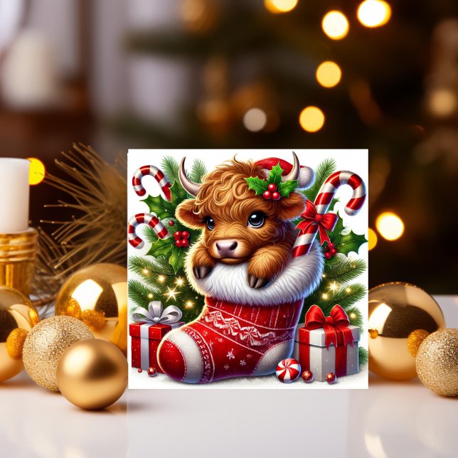 Adorable Highland Cow in Christmas Stocking Holiday Card (Creator Uploaded)