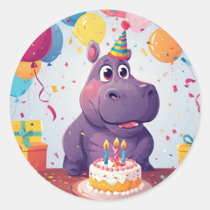 Adorable Hippo Celebrating Birthday Fun Design 🥳 Classic Round Sticker