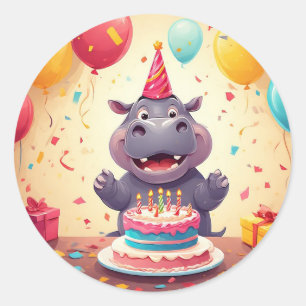 Adorable Hippo Celebrating Birthday with Cake Classic Round Sticker