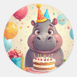 Adorable Hippo Celebrating Birthday with Cake Classic Round Sticker