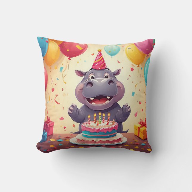 Adorable Hippo Celebrating Birthday with Cake Cushion (Front)