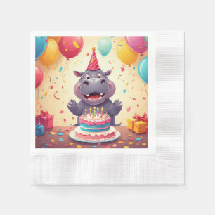Adorable Hippo Celebrating Birthday with Cake Napkin