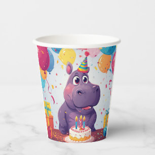 Adorable Hippo Celebrating Birthday with Cake Paper Cups