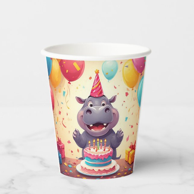 Adorable Hippo Celebrating Birthday with Cake Paper Cups (Front)