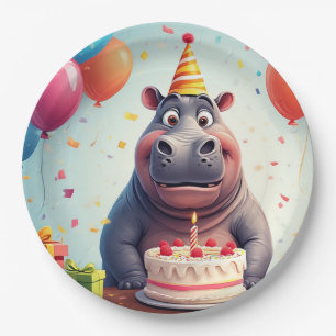 Adorable Hippo Celebrating Birthday with Cake Paper Plate
