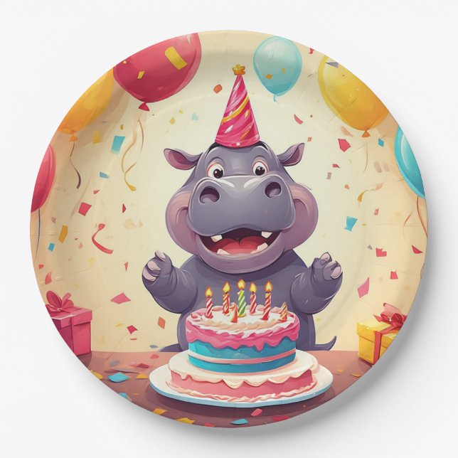 Adorable Hippo Celebrating Birthday with Cake Paper Plate (Front)