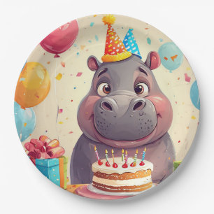 Adorable Hippo Celebrating Birthday with Cake Paper Plate