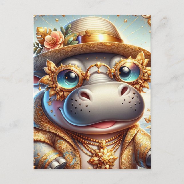 Adorable Hippo in Gold Bling Postcard (Front)