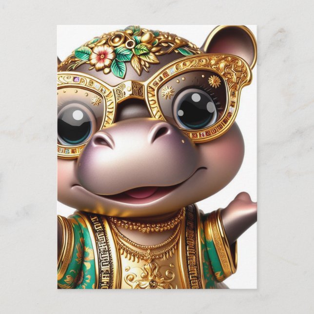 Adorable Hippo in Gold Postcard (Front)