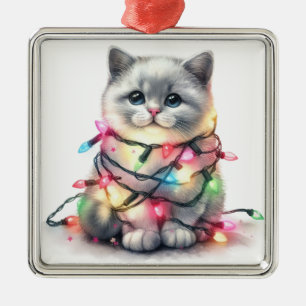 ADORABLE HOLIDAY CAT WITH CHRISTMAS LIGHTS METAL ORNAMENT