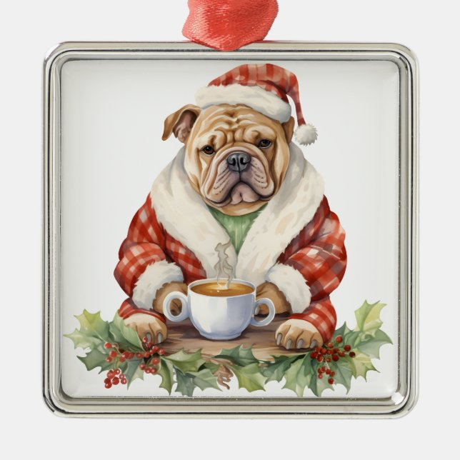 ADORABLE HOLIDAY CHRISTMAS BULLDOG DOG METAL ORNAMENT (Front)