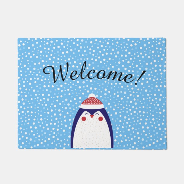 Adorable Holiday Penguin Welcome Door Mat (Front)