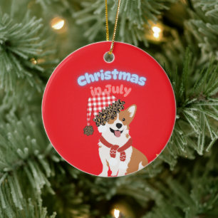 Adorable Holiday Puppy Wearing Christmas Santa Hat Ceramic Ornament