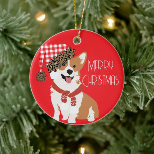 Adorable Holiday Puppy Wearing Christmas Santa Hat Ceramic Ornament