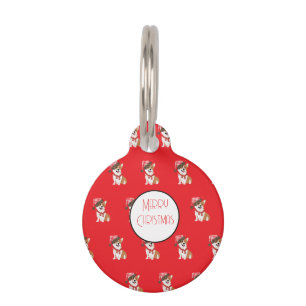Adorable Holiday Puppy Wearing Christmas Santa Hat Pet Tag