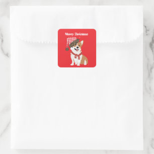 Adorable Holiday Puppy Wearing Christmas Santa Hat Square Sticker