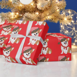 Adorable Holiday Puppy Wearing Christmas Santa Hat Wrapping Paper