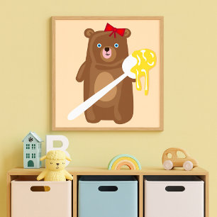 Adorable Honey Bear with Spoon And Red Bow  Poster